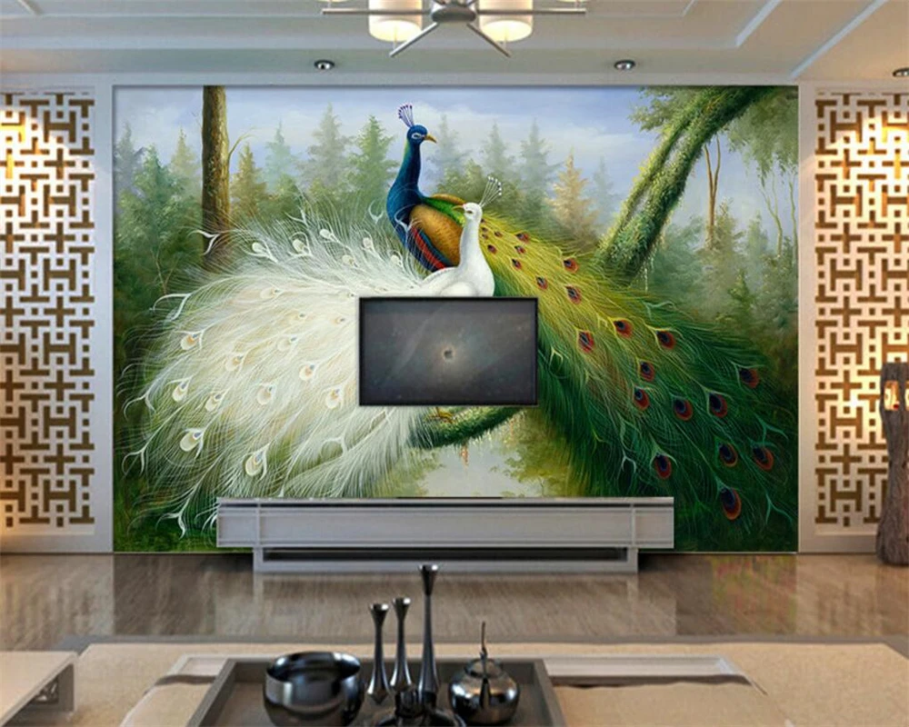 Beibehang Пользовательские фрески гостиная,современный лесной павлин картина маслом фотографии настенная роспись дерево обои papel de parede para quarto 1