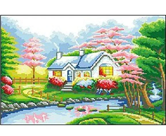 Вышивка крестом Лучшее качество---Роскошный--- Счастливый дом Дерево Цветок Река-Горячая продажа Бесплатная доставка 0