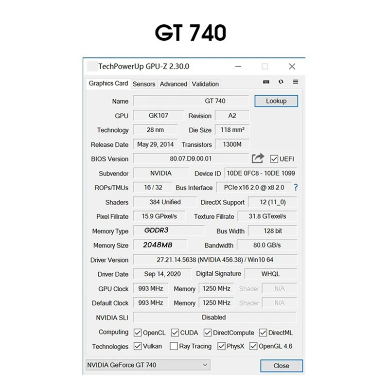 Видеокарта Geforce GT740 2GB GDDR3 128 Бит 993 МГц 1250 МГц 28 Нм Pcle X16 2.0 VGA + HD + DVI Прочная 3