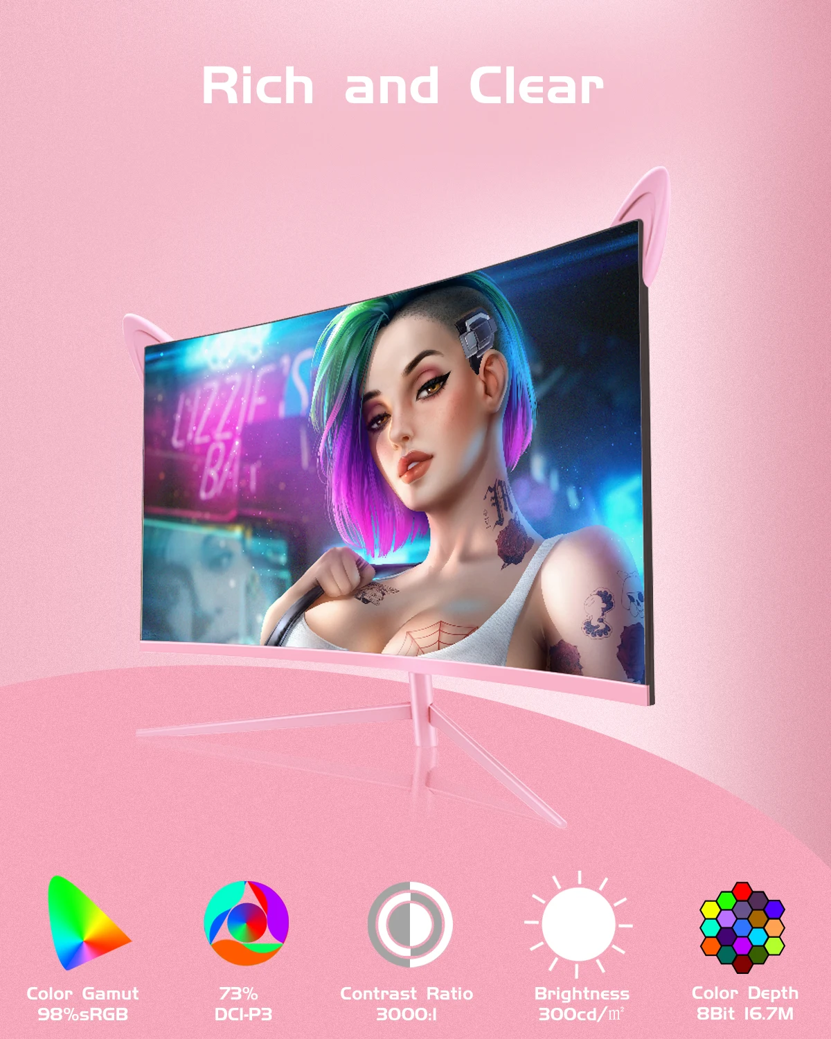 FYHXele 27-дюймовый Монитор 2K Изогнутый Розовый Игровой Экран 165 Гц 1 Мс Для Девочек Настольный Дисплей Поддержка G-Sync FreeSync С Регулируемым Наклоном 3