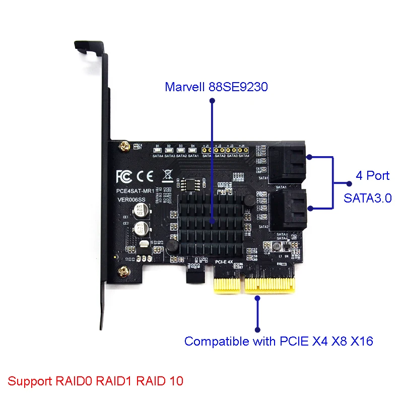 PCI Express Raid-карта 4 порта SATA 3.0 Дополнительная карта Marvell 88SE9230 Чипсет, совместимый со спецификацией PCI-E версии 2.2 для ПК 5