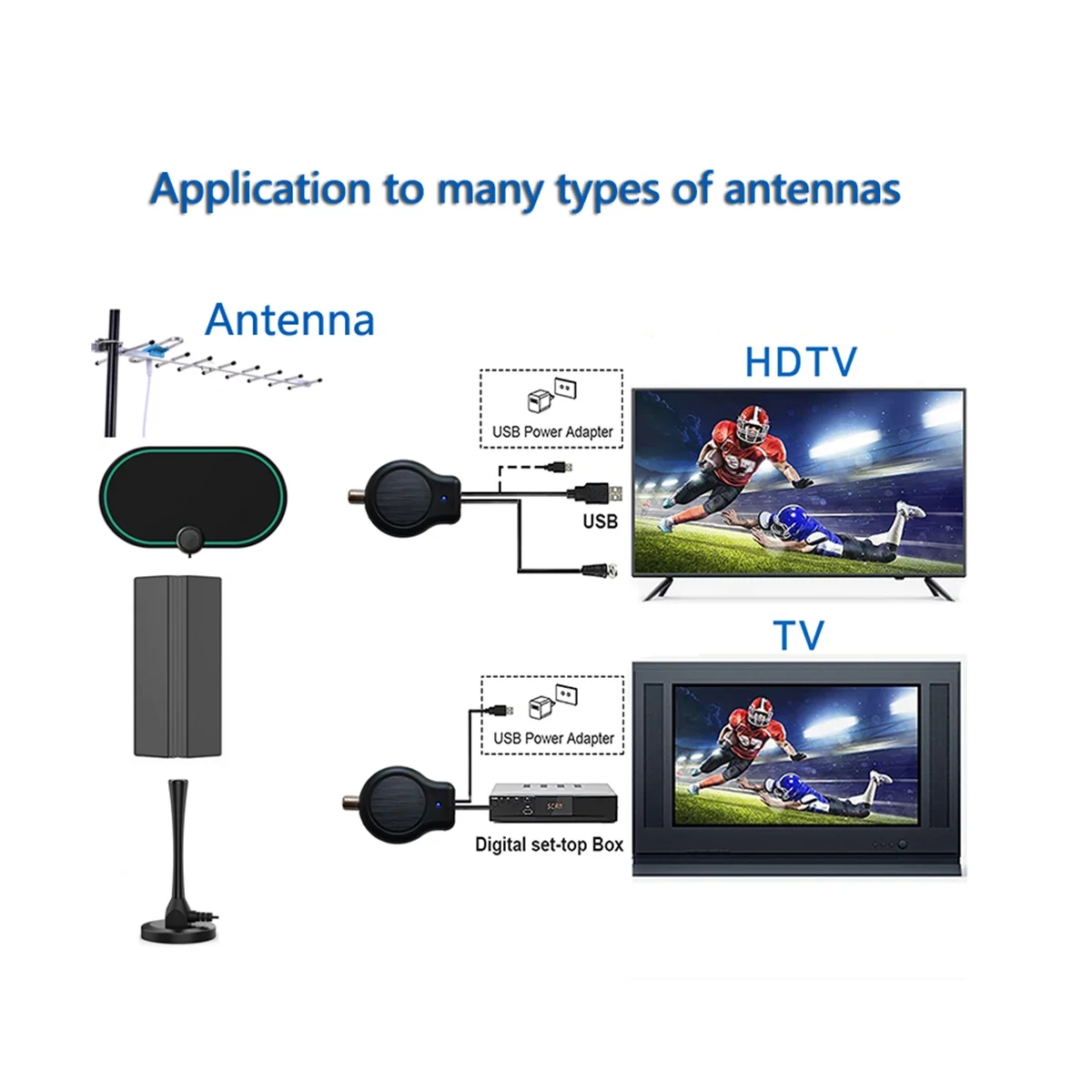 Быстрая установка на открытом воздухе или в помещении Усилитель сигнала цифровой телевизионной антенны высокой четкости HD FM DVB с питанием от USB 32DBI 5