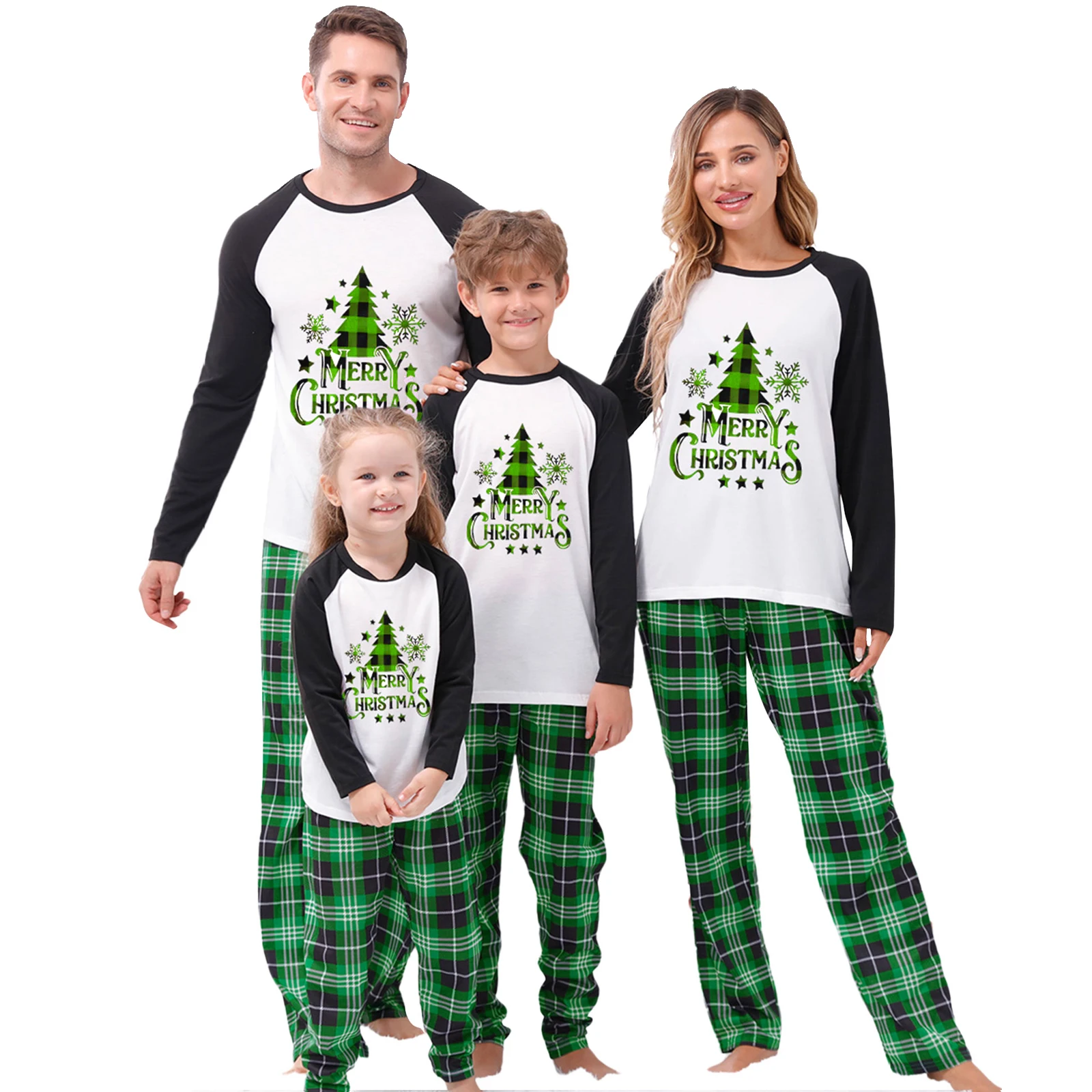2023 Новый Семейный пижамный комплект с буквенным принтом в виде Рождественской елки, топы с круглым вырезом и длинными рукавами, Клетчатые Длинные брюки для родителей и детей 0