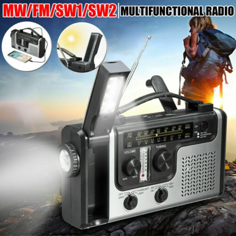 Портативное радио FM AM, Солнечный коротковолновый радиоприемник, аварийное радио с фонариком для кемпинга, пеших прогулок с аккумулятором питания 0