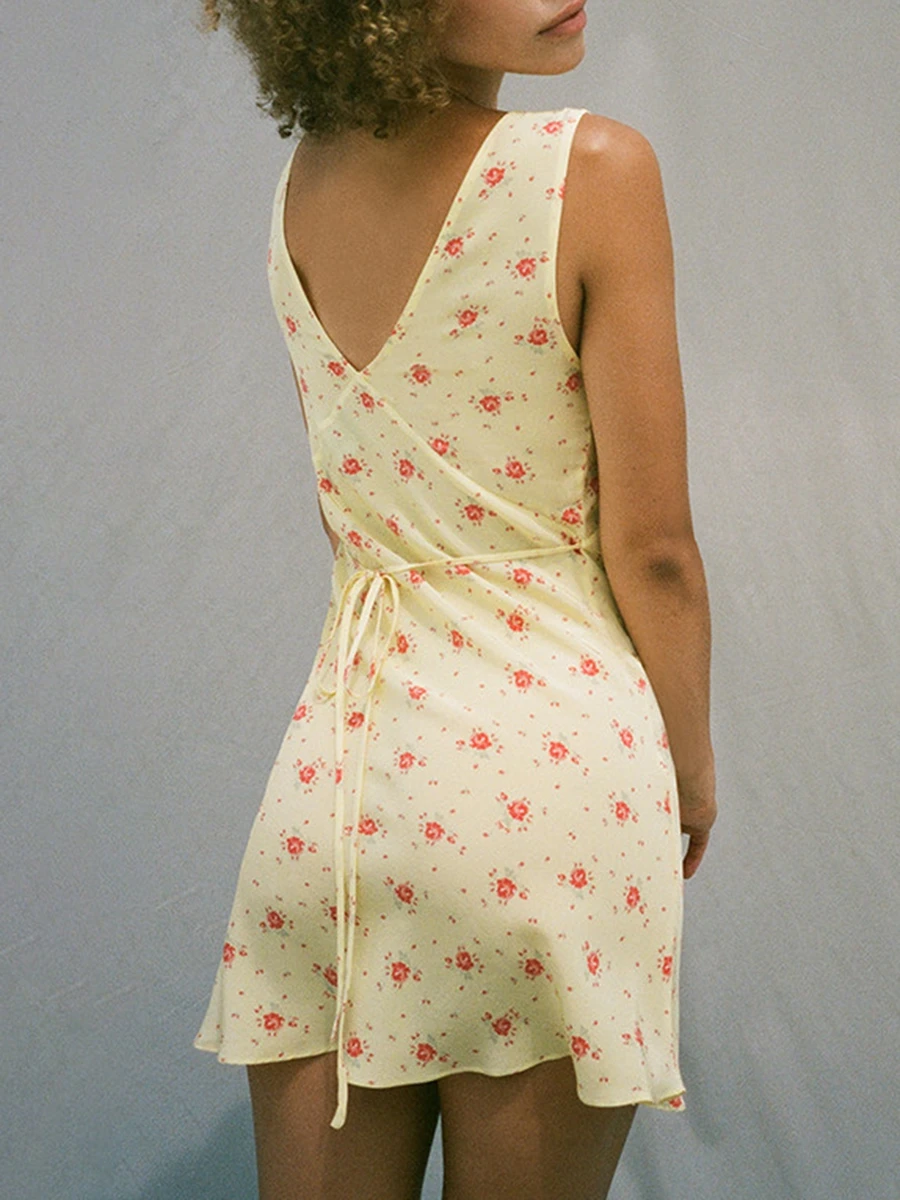Женское Летнее мини-платье на бретелях с цветочным принтом, V-образным вырезом, без рукавов, с открытой спиной, на завязках, Тонкое пляжное платье 1
