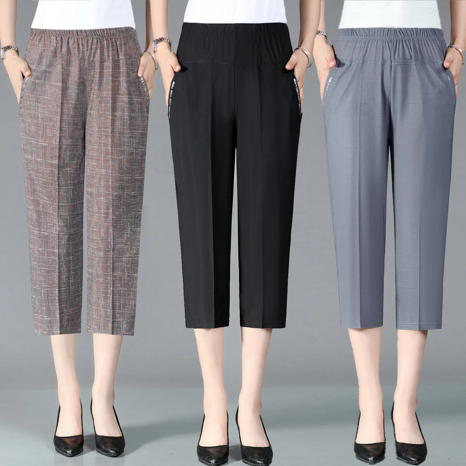 Женские эластичные штаны для мам среднего и пожилого возраста с высокой талией, однотонные брюки длиной до икр, женские брюки 3/4 0