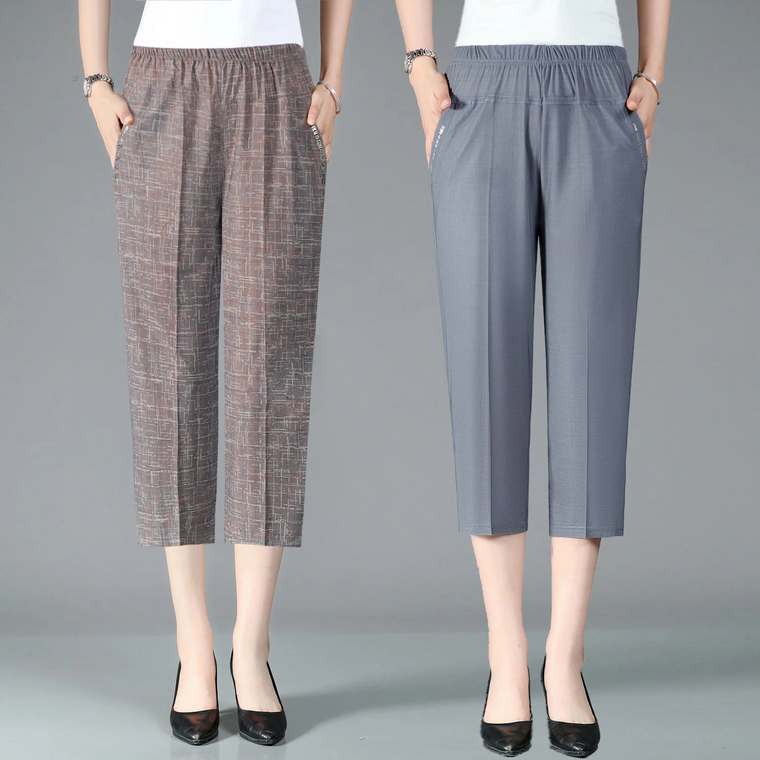 Женские эластичные штаны для мам среднего и пожилого возраста с высокой талией, однотонные брюки длиной до икр, женские брюки 3/4 1