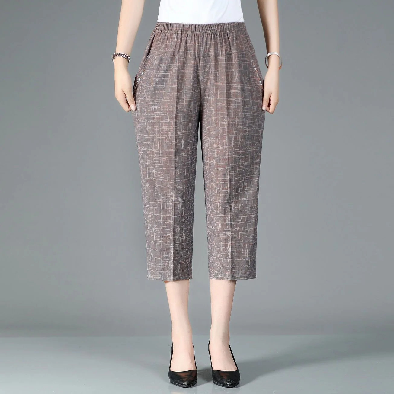 Женские эластичные штаны для мам среднего и пожилого возраста с высокой талией, однотонные брюки длиной до икр, женские брюки 3/4 2