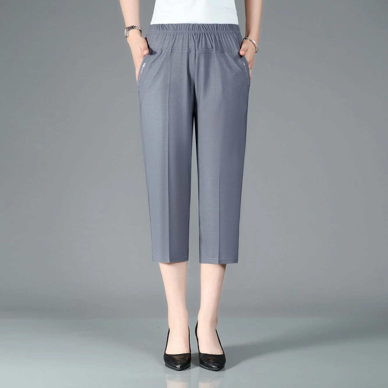 Женские эластичные штаны для мам среднего и пожилого возраста с высокой талией, однотонные брюки длиной до икр, женские брюки 3/4 3