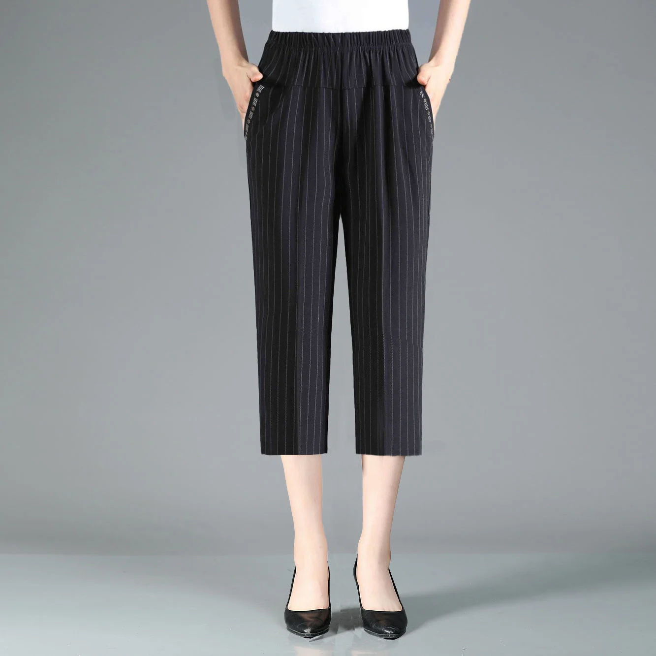 Женские эластичные штаны для мам среднего и пожилого возраста с высокой талией, однотонные брюки длиной до икр, женские брюки 3/4 4