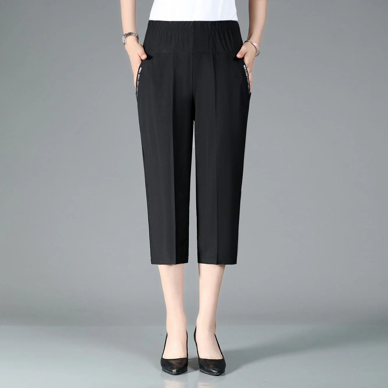 Женские эластичные штаны для мам среднего и пожилого возраста с высокой талией, однотонные брюки длиной до икр, женские брюки 3/4 5