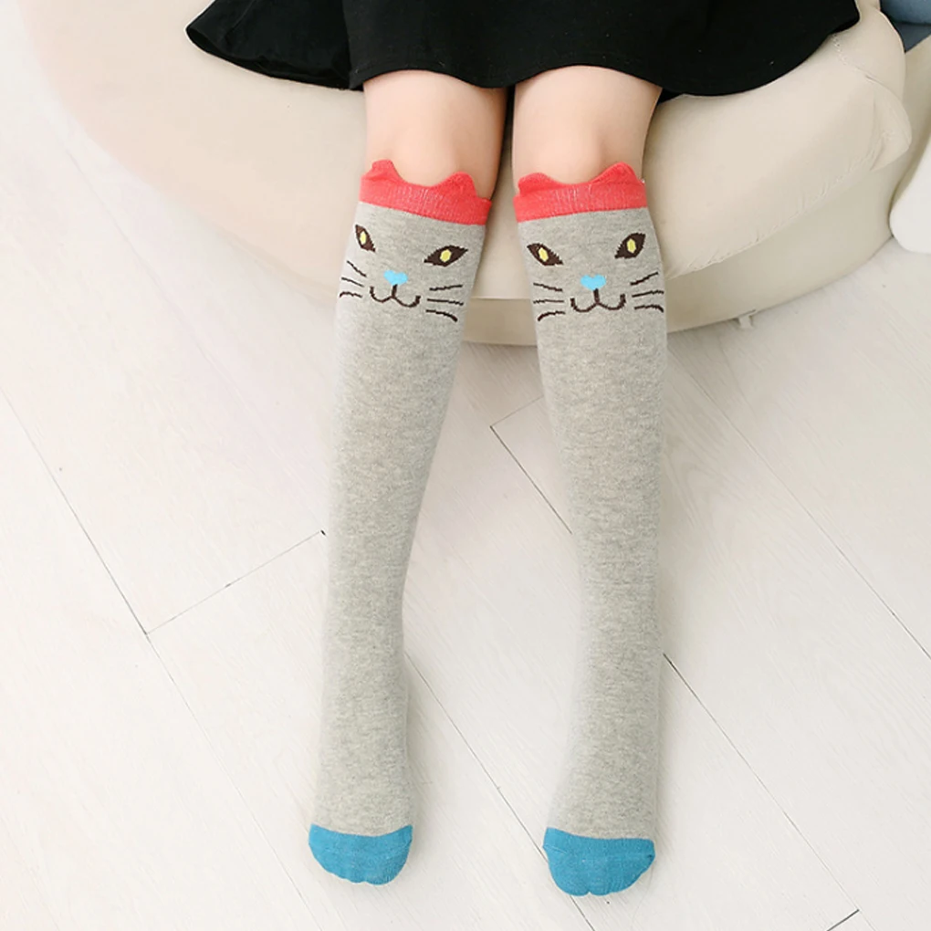 Милые мультяшные носки для детей 7-12 лет, Хлопковые носки для девочек с кошачьими животными, носки до колена, Длинные носки до бедра 3