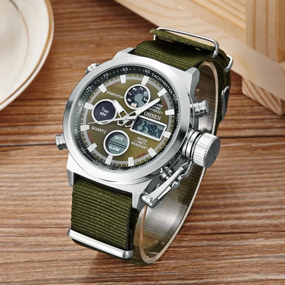 OHSEN Мужские Кварцевые часы Военные спортивные часы Цифровые Армейские зеленые брезентовые часы с водонепроницаемым ремешком, мужские часы с двойным временем, наручные часы 1