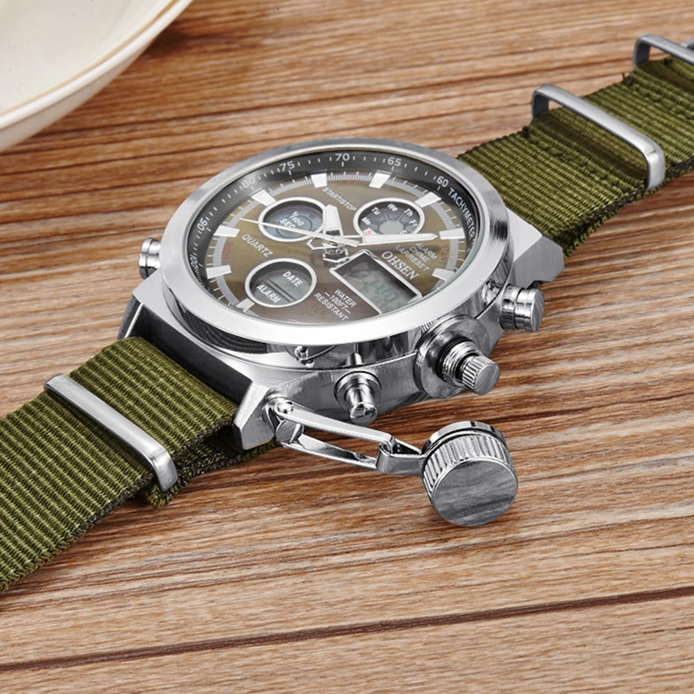 OHSEN Мужские Кварцевые часы Военные спортивные часы Цифровые Армейские зеленые брезентовые часы с водонепроницаемым ремешком, мужские часы с двойным временем, наручные часы 2