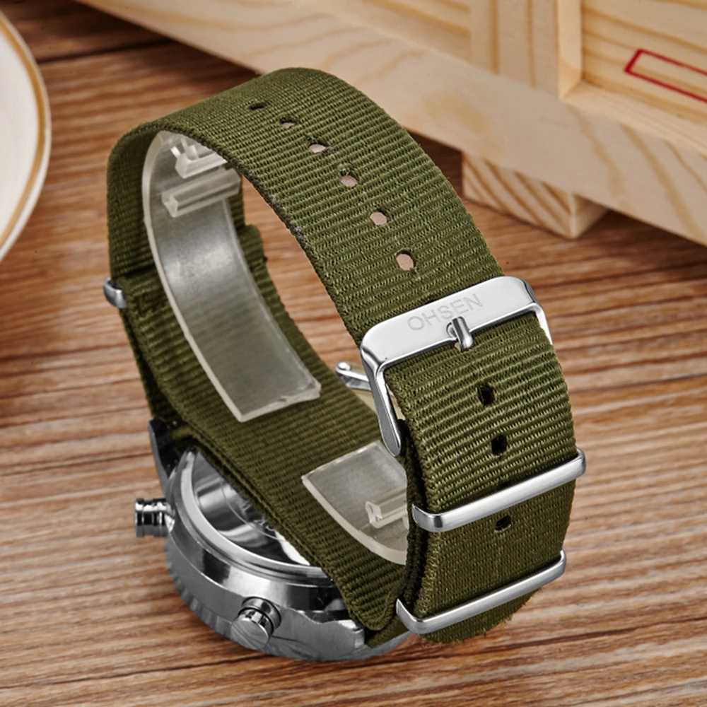 OHSEN Мужские Кварцевые часы Военные спортивные часы Цифровые Армейские зеленые брезентовые часы с водонепроницаемым ремешком, мужские часы с двойным временем, наручные часы 3