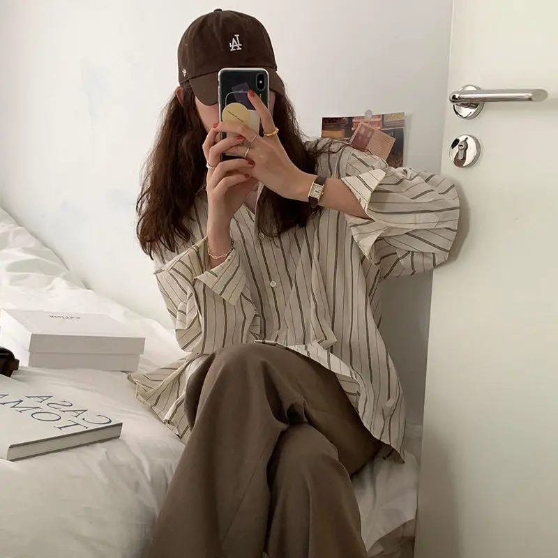 Deeptown Корейская осенняя рубашка в полоску, женская повседневная Блузка с длинным рукавом, Модный Кардиган на пуговицах 2022, Осенняя одежда Kpop 3