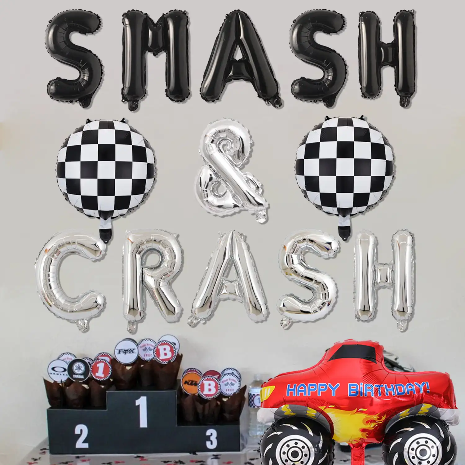 Украшения для дня рождения гоночных автомобилей, воздушные шары с надписями SMASH & CRASH и винтажные воздушные шары из фольги в шахматном порядке для мальчиков 2