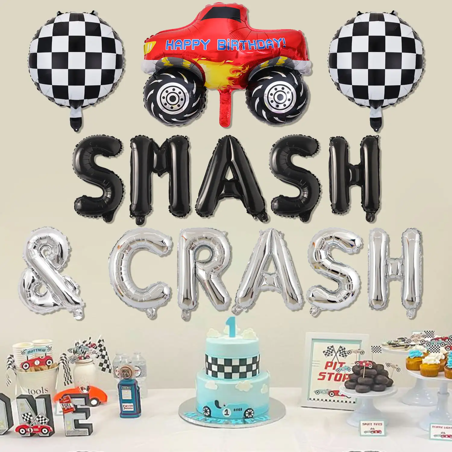 Украшения для дня рождения гоночных автомобилей, воздушные шары с надписями SMASH & CRASH и винтажные воздушные шары из фольги в шахматном порядке для мальчиков 3