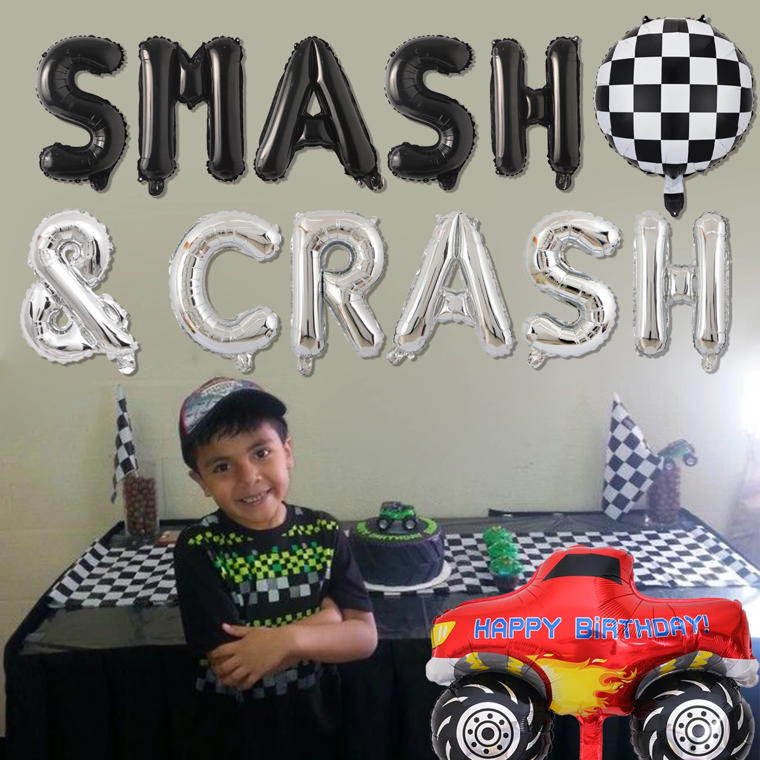 Украшения для дня рождения гоночных автомобилей, воздушные шары с надписями SMASH & CRASH и винтажные воздушные шары из фольги в шахматном порядке для мальчиков 4