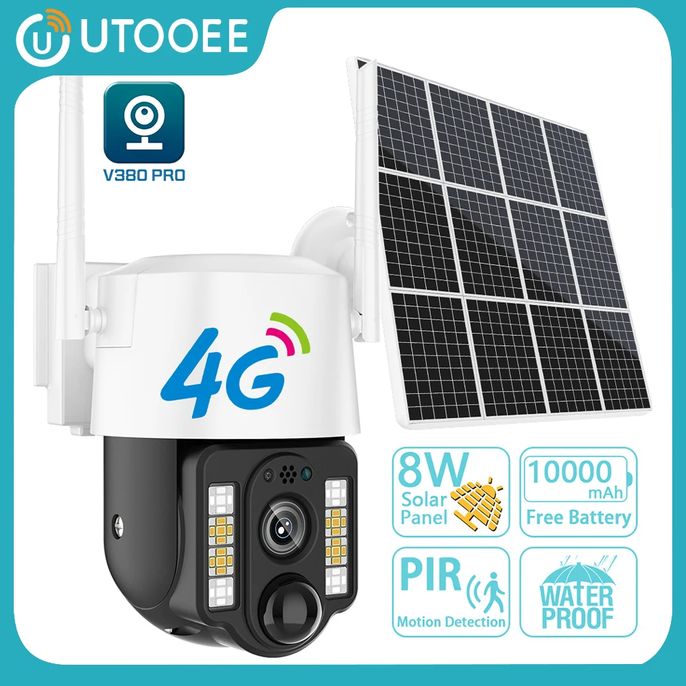 UTOOEE 5MP CCTV PIR Обнаружение Движения Солнечная Камера Наблюдения 4G SIM-карта PTZ IP-камера Водонепроницаемая 30 м Красочная Ночного Видения 0
