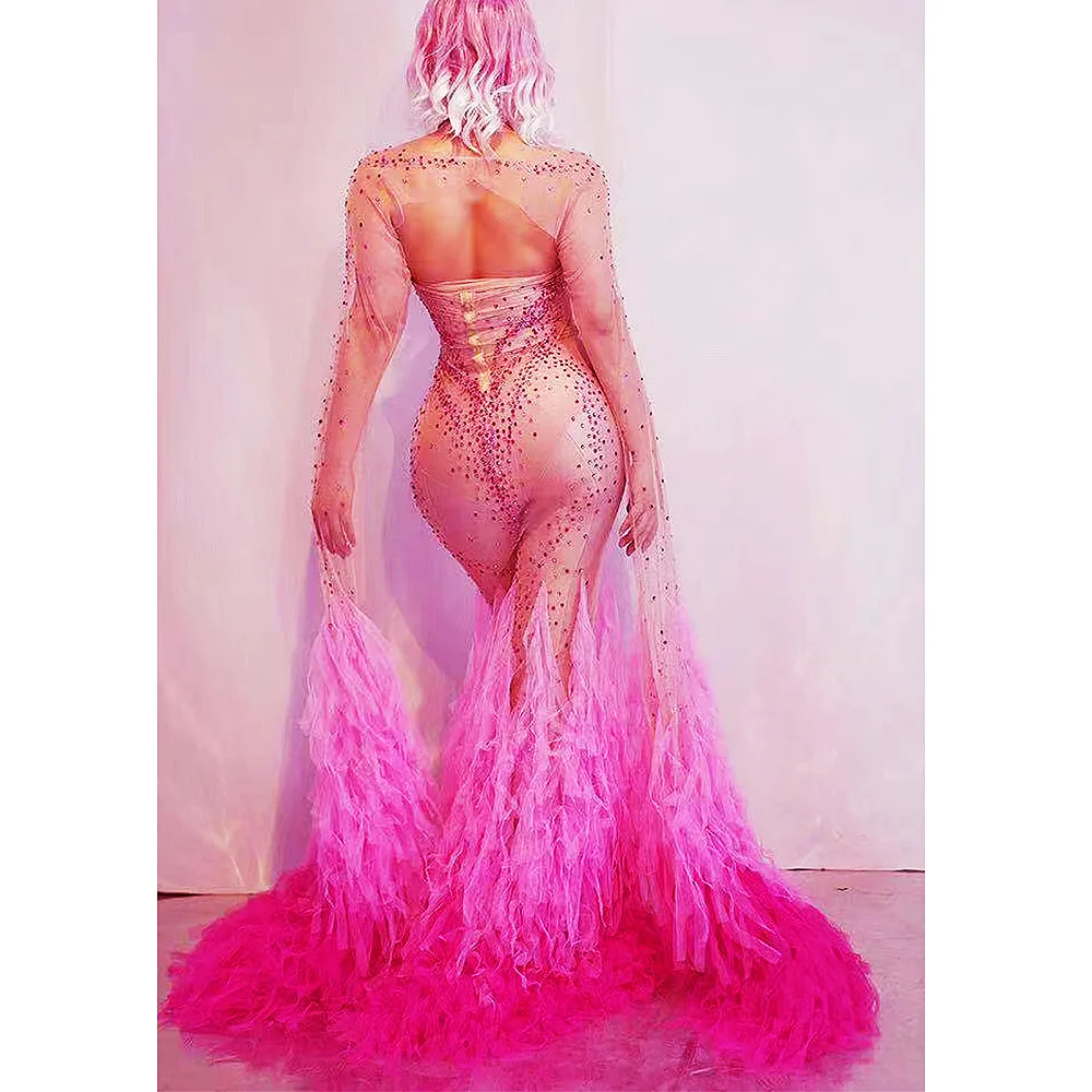 Перспективное газовое платье телесного цвета с блестящими розовыми стразами, сексуальное Платье с длинными складками для женщин, одежда для вечеринок, Бальные Сценические костюмы 2