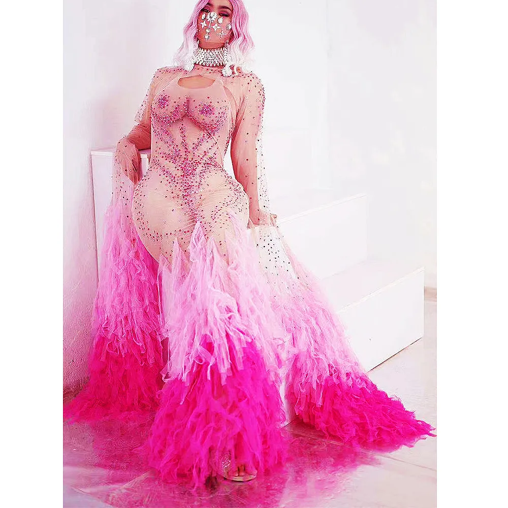 Перспективное газовое платье телесного цвета с блестящими розовыми стразами, сексуальное Платье с длинными складками для женщин, одежда для вечеринок, Бальные Сценические костюмы 5