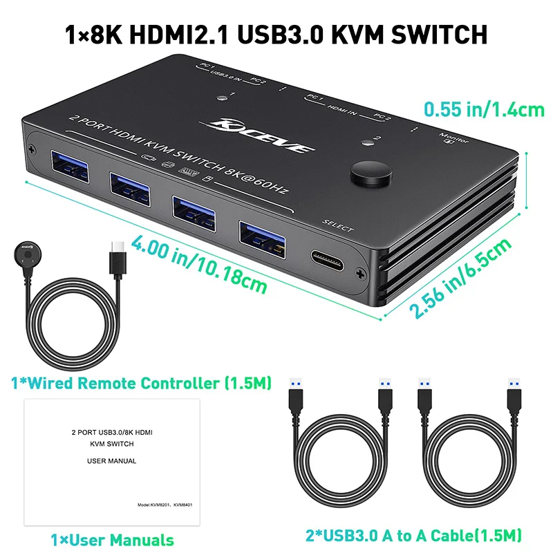 Игровой коммутатор USB-концентратор-разветвитель Адаптер Многофункциональный 2-портовый HDMI KVM-коммутатор Подключи и играй 2в1 с выходом 8 К @ 60 Гц 2 ШТ совместно используют 1 монитор 5