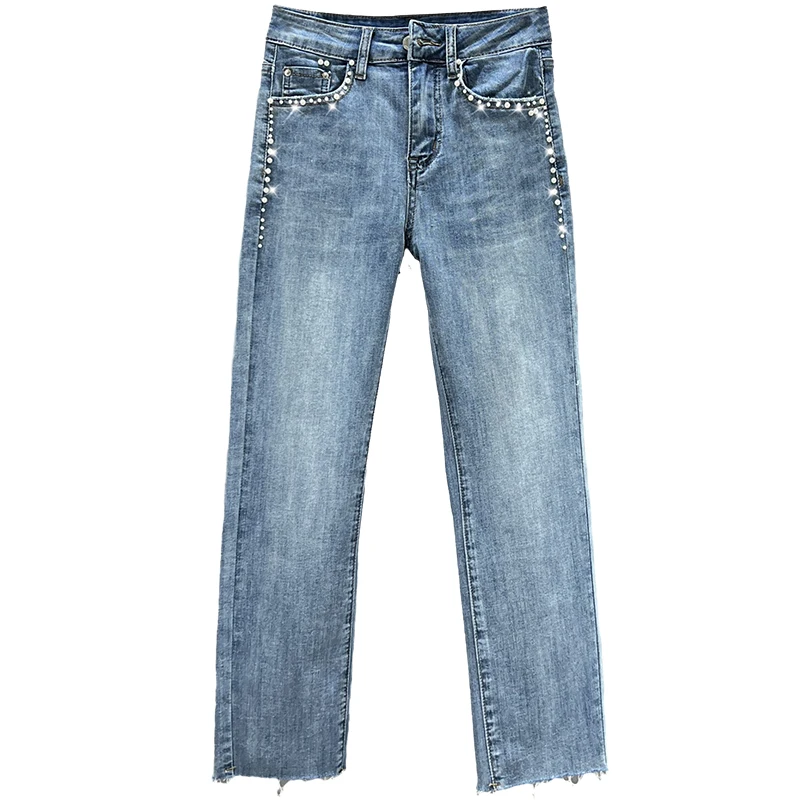 Расшитые бисером джинсовые брюки с прямыми штанинами, Женские летние джинсовые брюки 2023, Новые эластичные джинсовые брюки для девочек, Женские джинсовые укороченные брюки 2