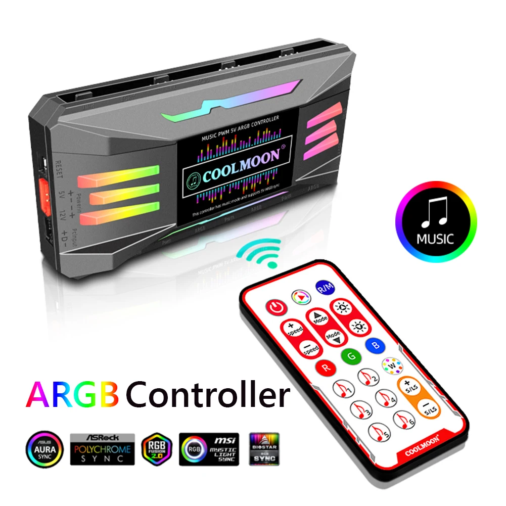 COOLMOON ARGB Контроллер 4Pin PWM 5V 3Pin ARGB Охлаждающий Вентилятор Smart Remote Control Адаптер для ПК Корпус Компьютера Шасси Радиатор 1