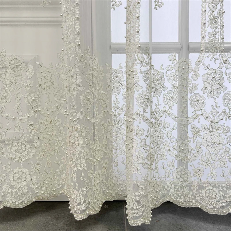 Французский Прозрачный тюль, расшитый белым жемчугом, Роскошные шторы на балкон для спальни, гостиной, Романтические свадебные шторы из вуали 0
