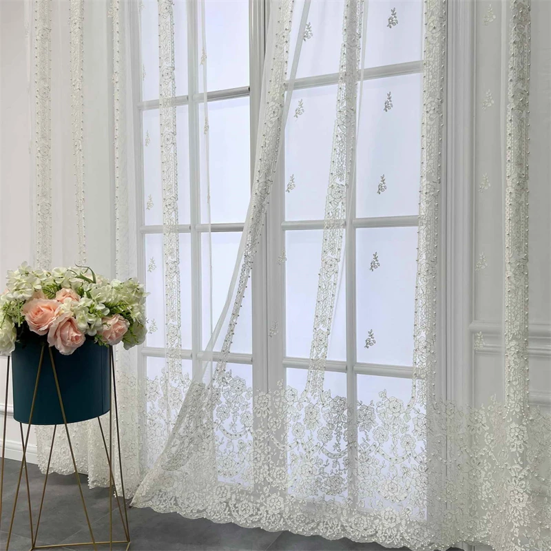 Французский Прозрачный тюль, расшитый белым жемчугом, Роскошные шторы на балкон для спальни, гостиной, Романтические свадебные шторы из вуали 1