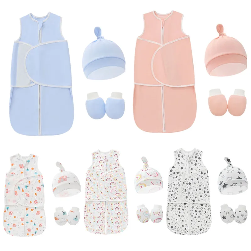 Детский Спальный мешок, Хлопчатобумажный комплект для пеленания новорожденных, одеяло + шляпа + перчатки, конверт на молнии, одеяло, Спальный мешок, подарок для душа новорожденного 0