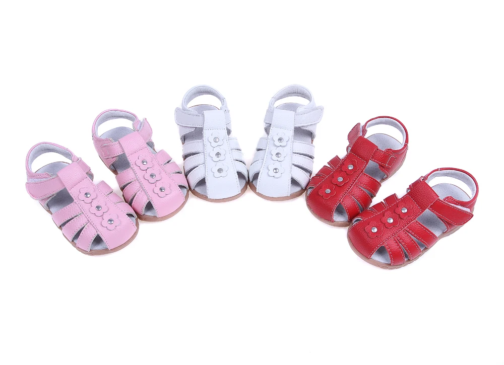 сандалии для девочек из натуральной кожи для малышей красного, розового, белого цвета с закрытым носком, летние цветы, модные, прочные, качественные сандалии SandQ baby 3