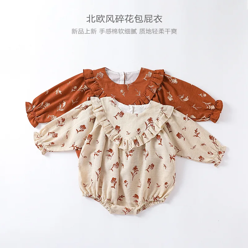Одежда для новорожденных девочек 2023, Винтажный Детский комбинезон с цветочным рисунком, С Длинными рукавами, Милый Комбинезон с оборками для маленьких девочек 4
