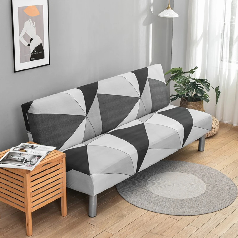 Чехол для раскладного дивана-кровати в сетку с принтом Без подлокотника, Эластичное Декоративное сиденье, чехол для дивана для гостиной, серый Геометрический 2