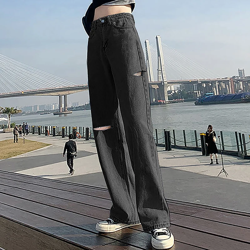 Женские рваные джинсы, брюки с высокой талией и прямыми штанинами, демисезонные джинсовые брюки с дырками 1