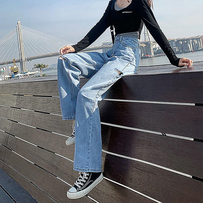 Женские рваные джинсы, брюки с высокой талией и прямыми штанинами, демисезонные джинсовые брюки с дырками 4
