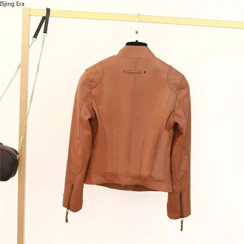 2023 Новая Женская Мотоциклетная куртка из искусственной кожи с Воротником-стойкой, Приталенная Короткая куртка Q6 1