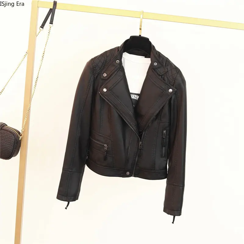 2023 Новая Женская Мотоциклетная куртка из искусственной кожи с Воротником-стойкой, Приталенная Короткая куртка Q6 2