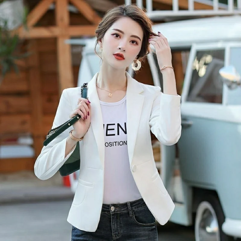 Женский Блейзер, модное пальто на одной пуговице, однотонная повседневная офисная женская куртка в корейском стиле, осень-зима, Свободные карманы, базовая тонкая верхняя одежда 0