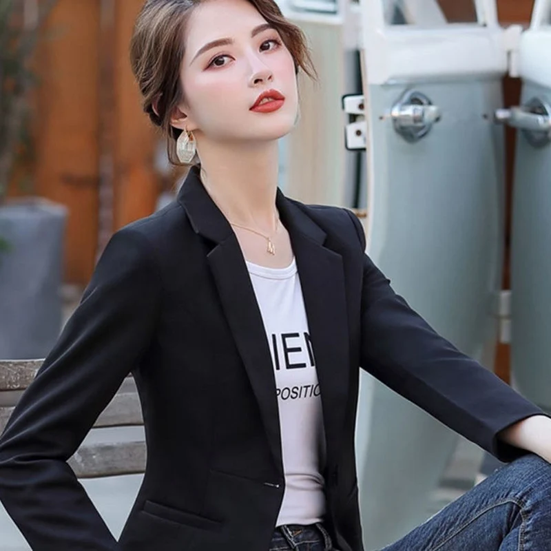 Женский Блейзер, модное пальто на одной пуговице, однотонная повседневная офисная женская куртка в корейском стиле, осень-зима, Свободные карманы, базовая тонкая верхняя одежда 3