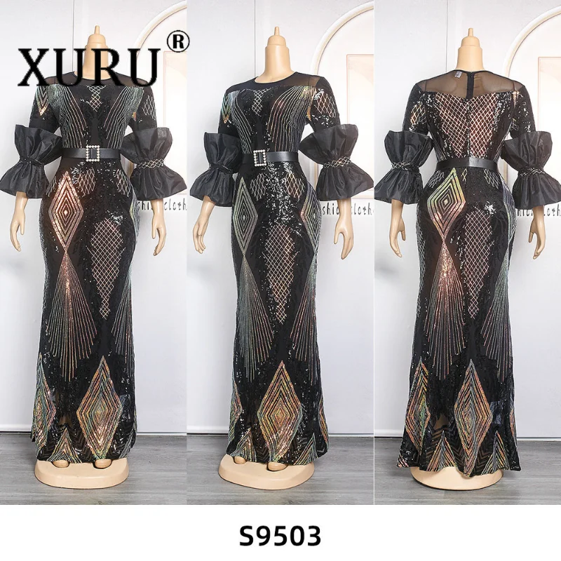 XURU-сексуальное Элегантное платье с блестками, красное, золотое, Европейское и американское новое африканское женское платье длиной в пол 97A9503 5