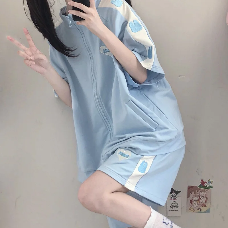 Женская Повседневная одежда, Свободный Спортивный костюм для милой девушки в японском стиле, Летние топы, Комплект из двух шорт в стиле колледжа 2
