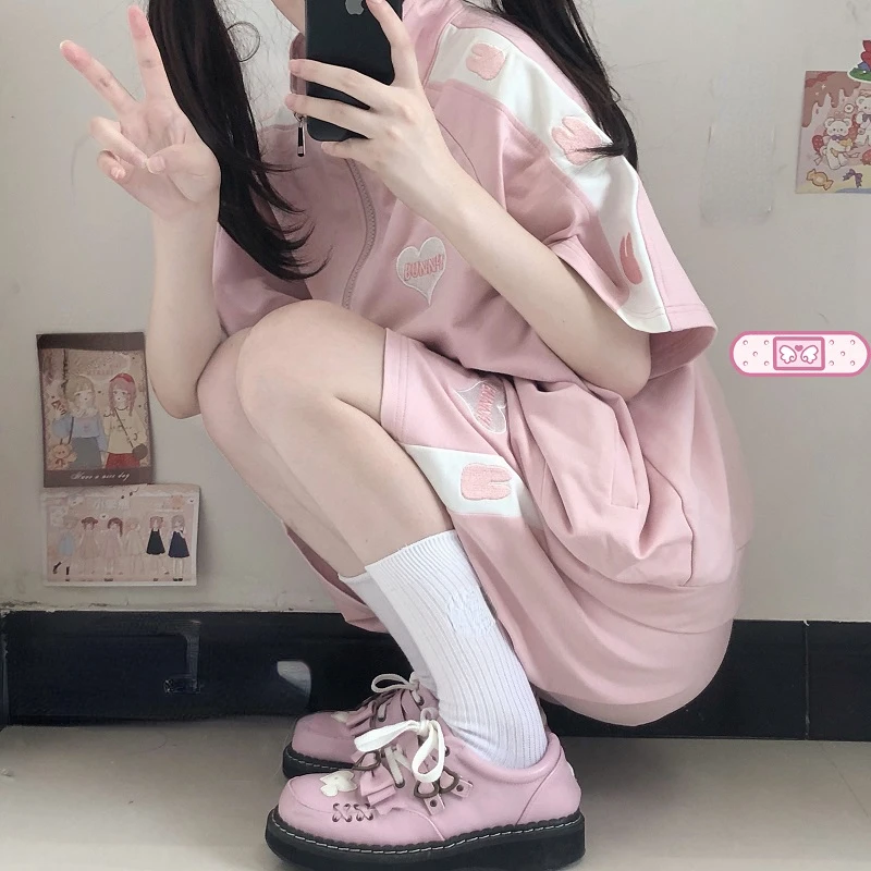 Женская Повседневная одежда, Свободный Спортивный костюм для милой девушки в японском стиле, Летние топы, Комплект из двух шорт в стиле колледжа 3